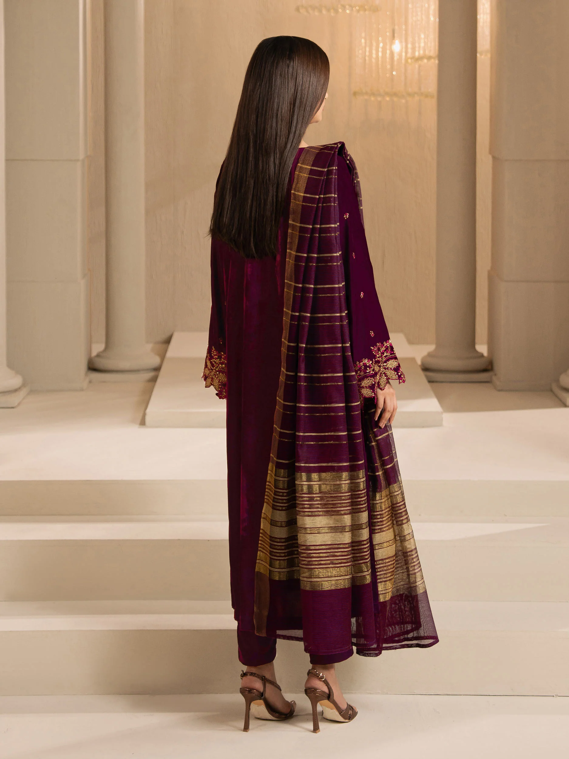 3 Piece Velvet Suit-Embroidered (Unstitched) - Image 3