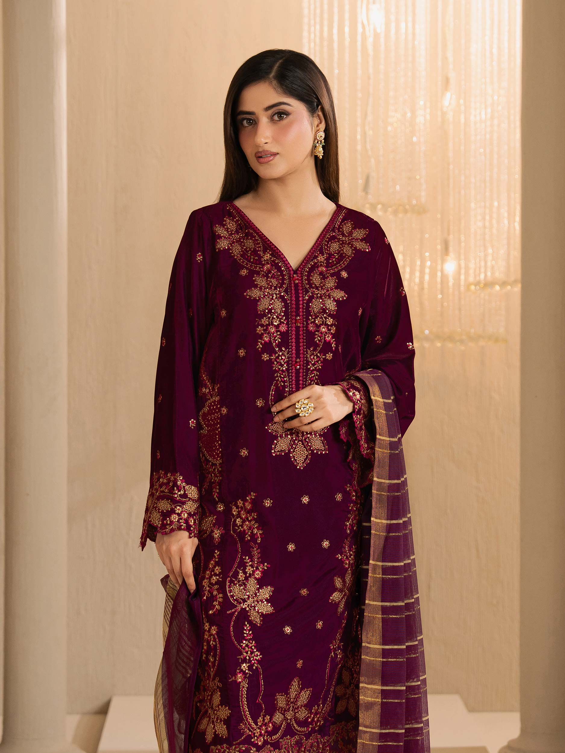 3 Piece Velvet Suit-Embroidered (Unstitched) - Image 6