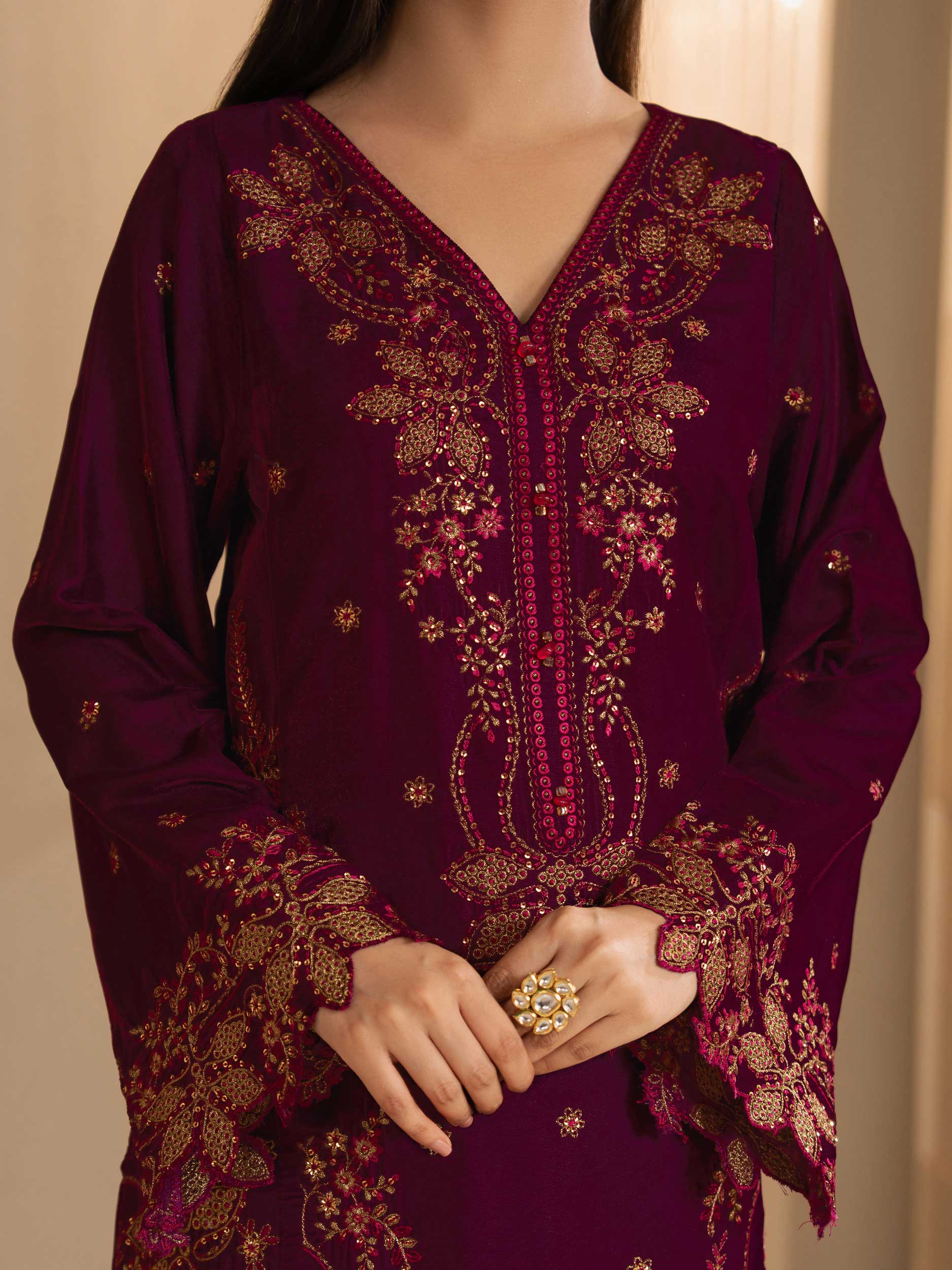 3 Piece Velvet Suit-Embroidered (Unstitched) - Image 8