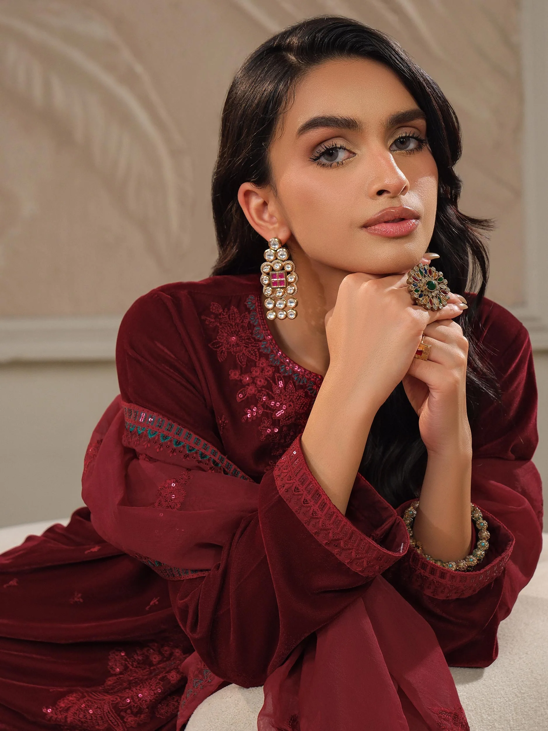 3 Piece Velvet Suit-Embroidered (Unstitched) - Image 6