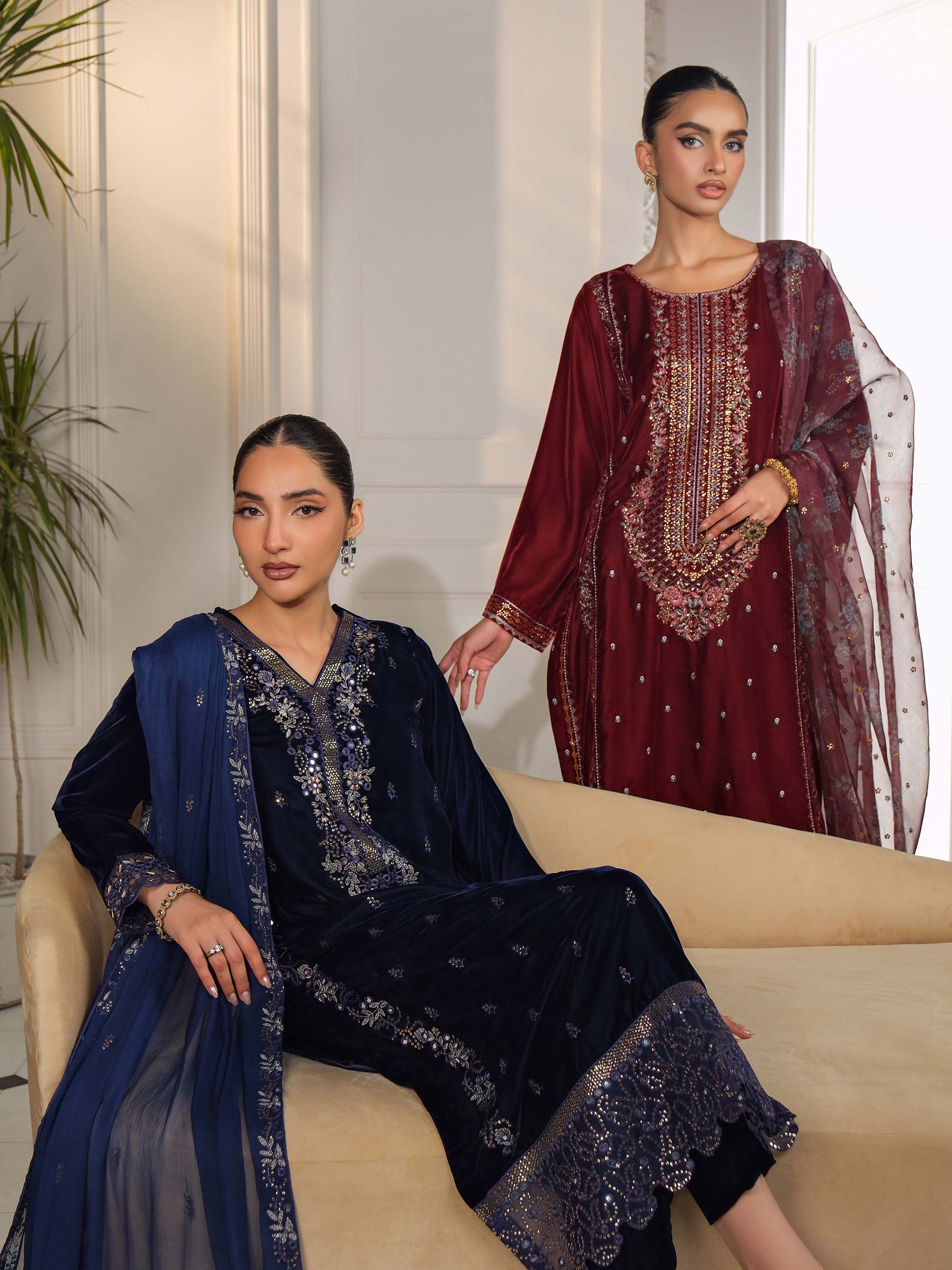 3 Piece Velvet Suit-Embroidered (Unstitched) - Image 8