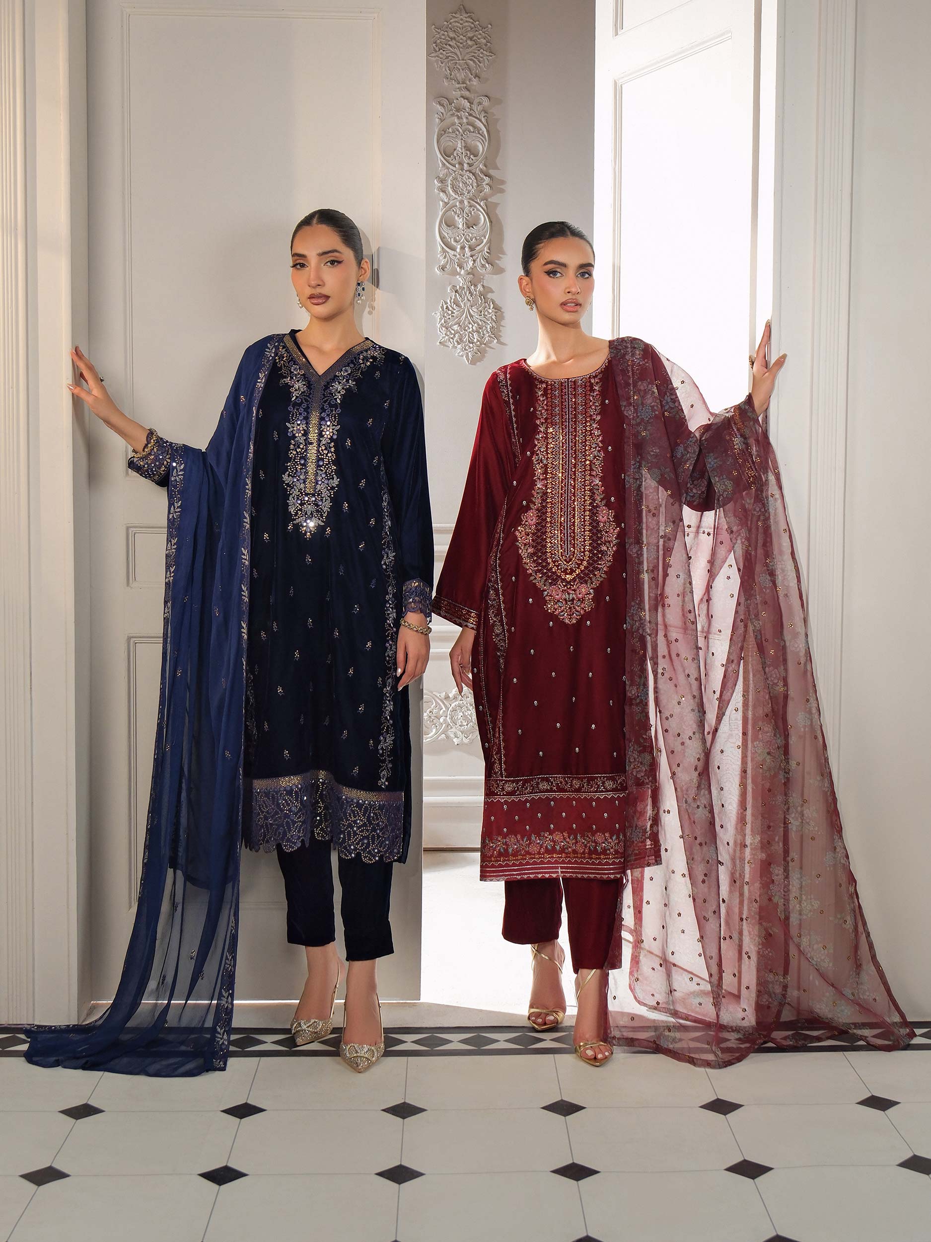 3 Piece Velvet Suit-Embroidered (Unstitched) - Image 9