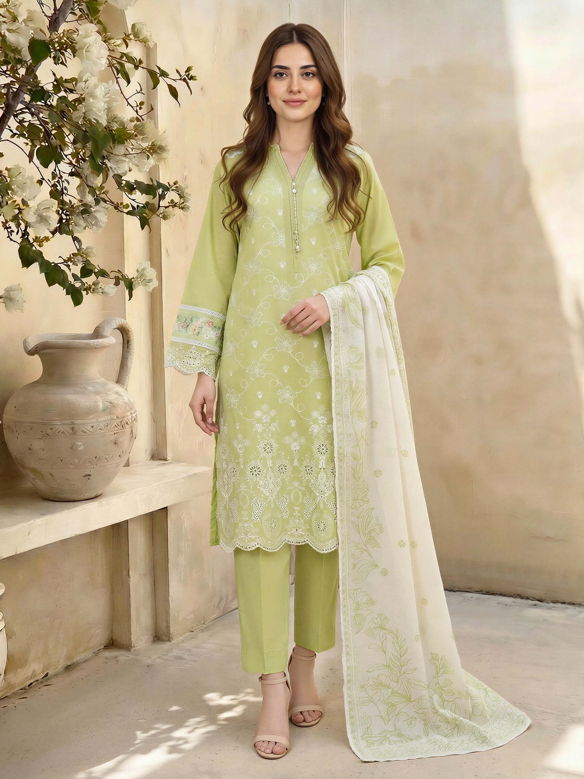 3 Piece Cambric Suit-Embroidered (Unstitched) - Image 2
