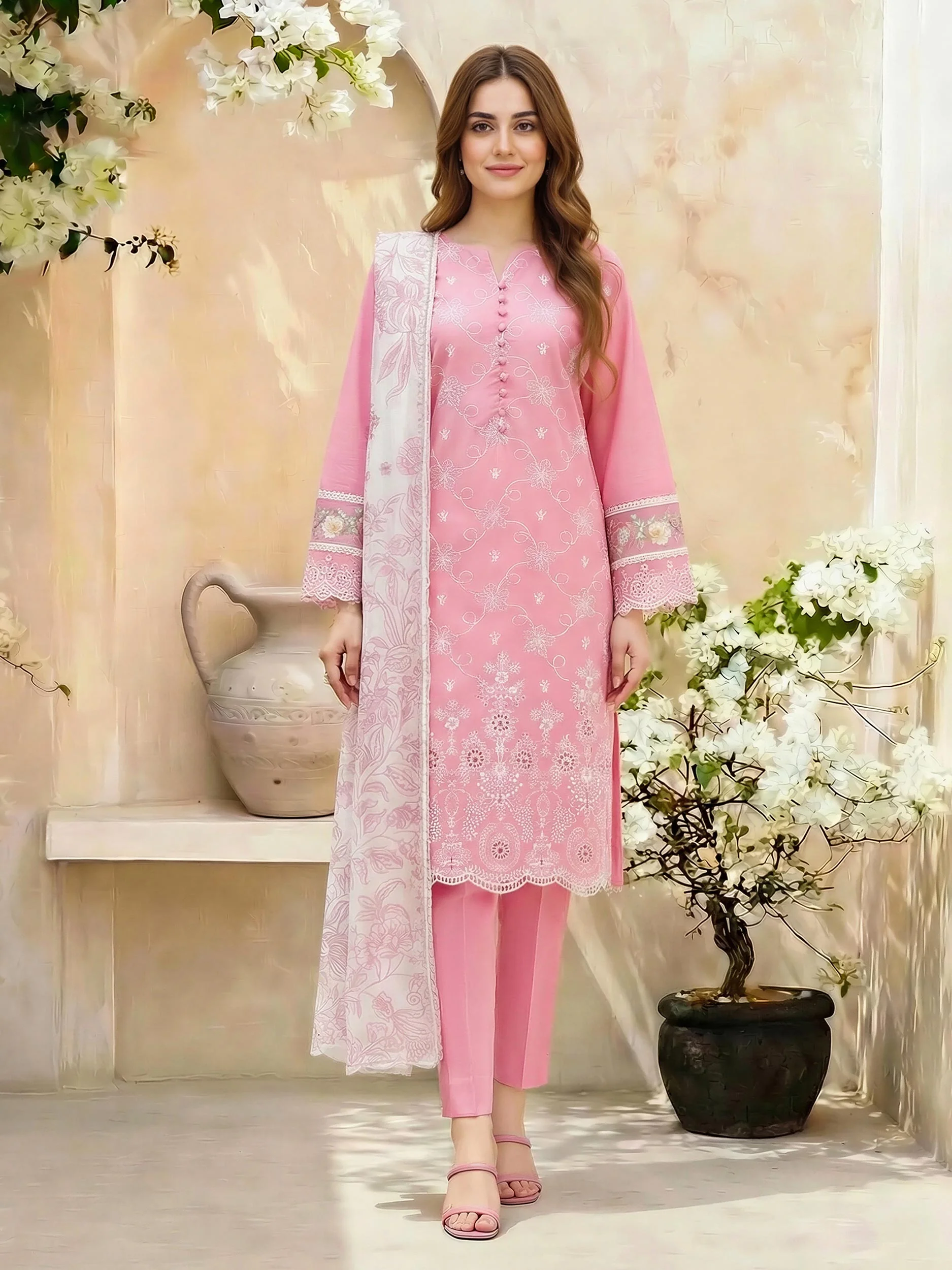 3 Piece Cambric Suit-Embroidered (Unstitched) - Image 2