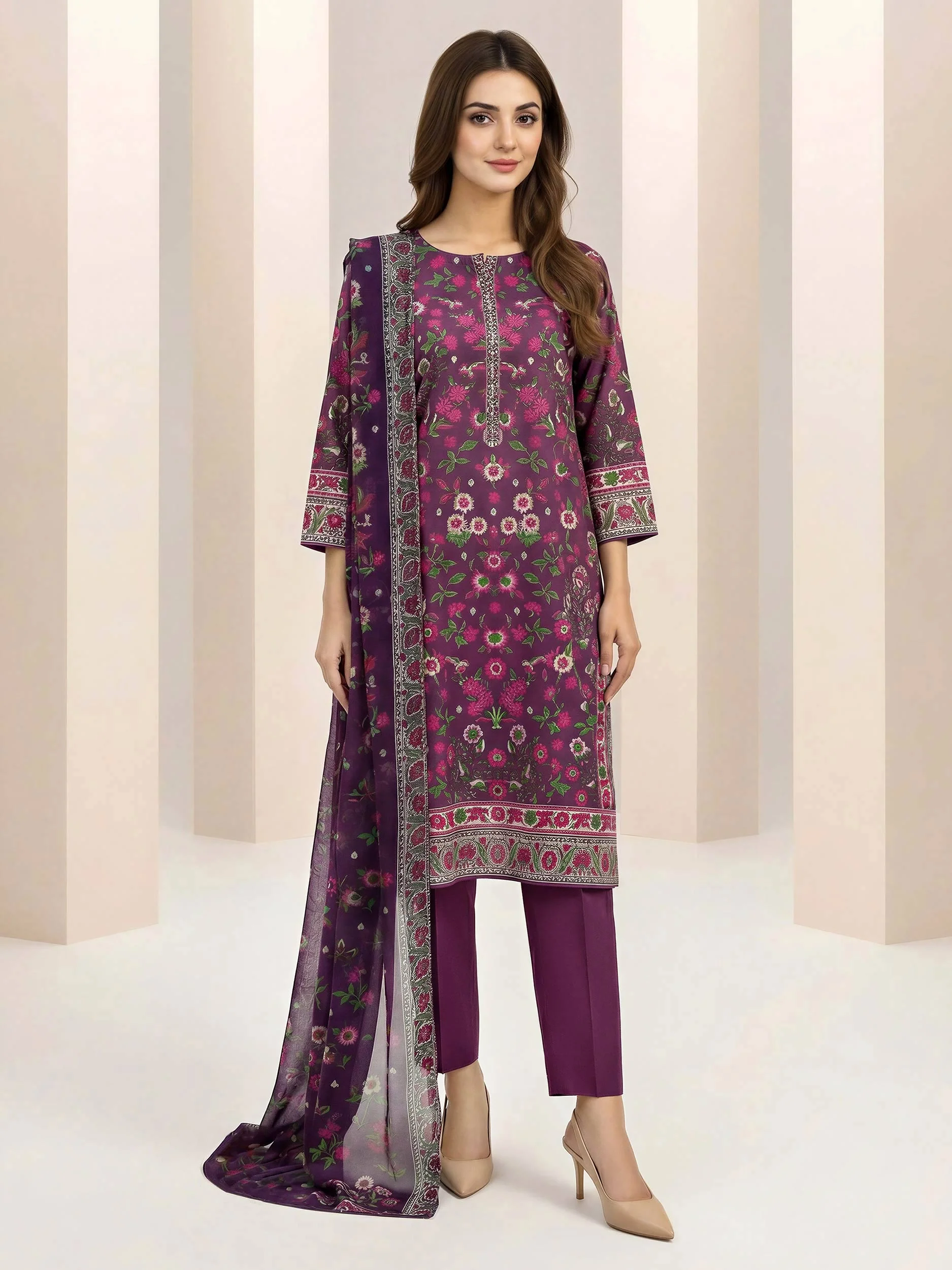 3 Piece Lawn Suit- Printed (Unstitched) - Image 2
