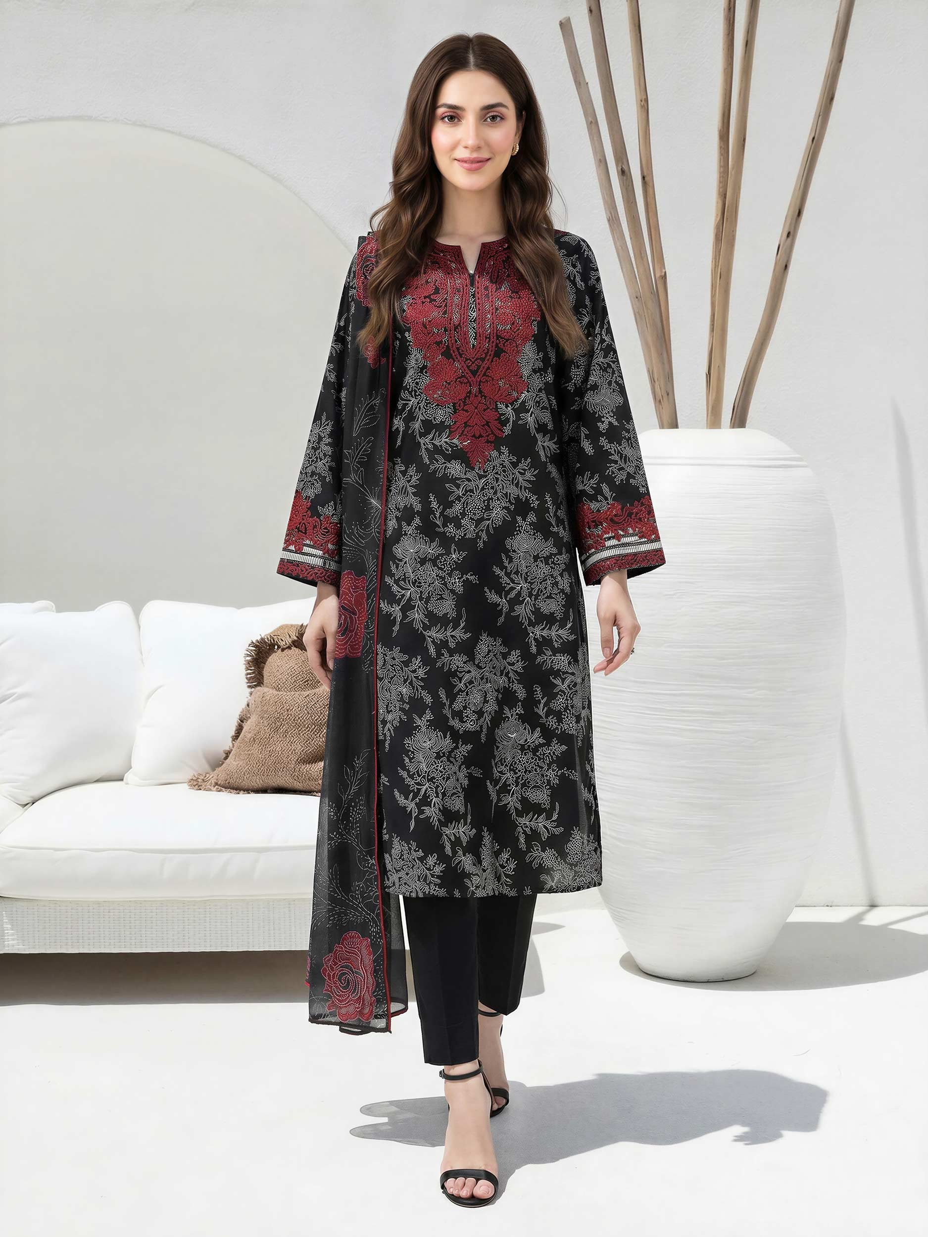 3 Piece Lawn Slub Suit-  Embroidered (Unstitched) - Image 2
