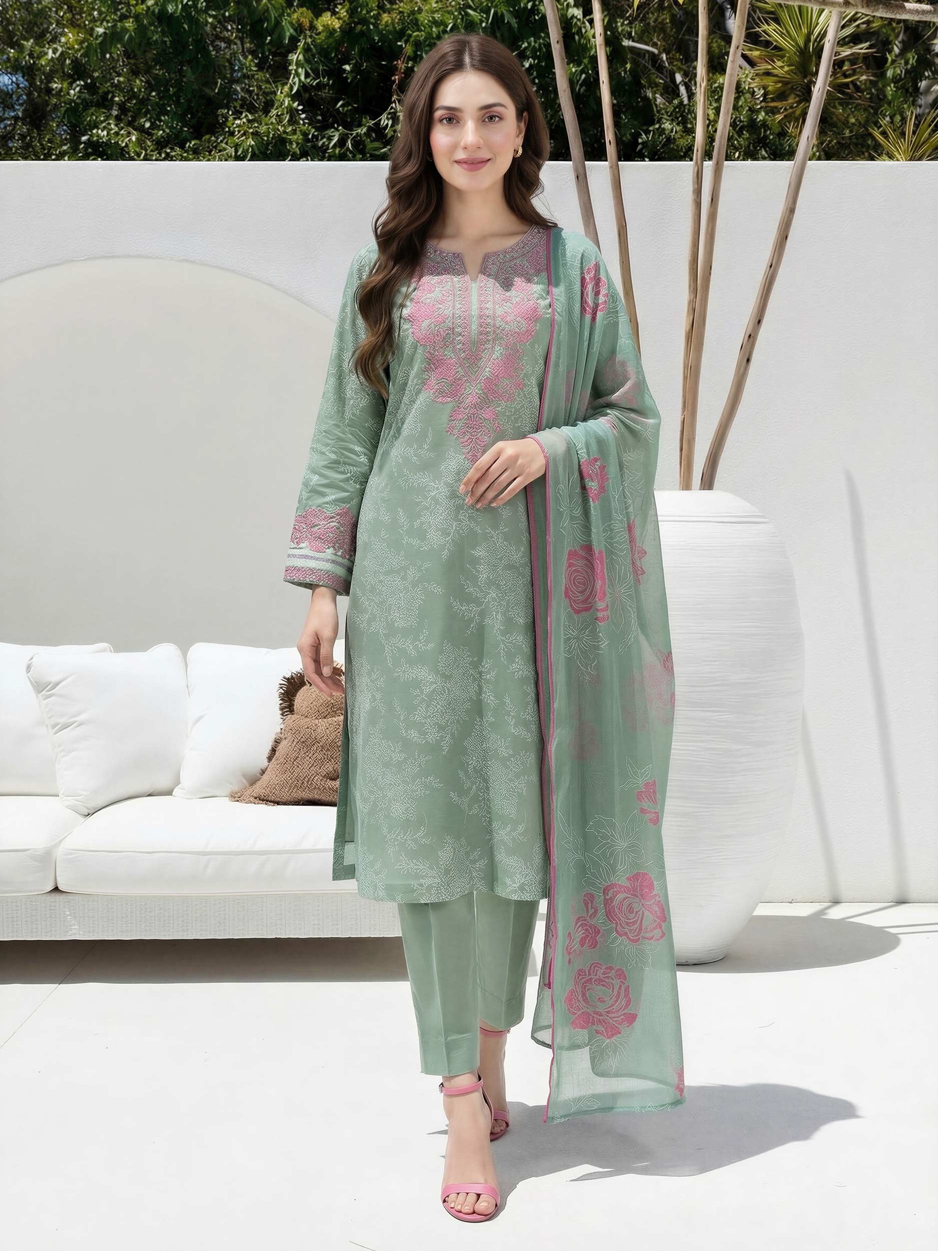 3 Piece Lawn Slub Suit-  Embroidered (Unstitched) - Image 2