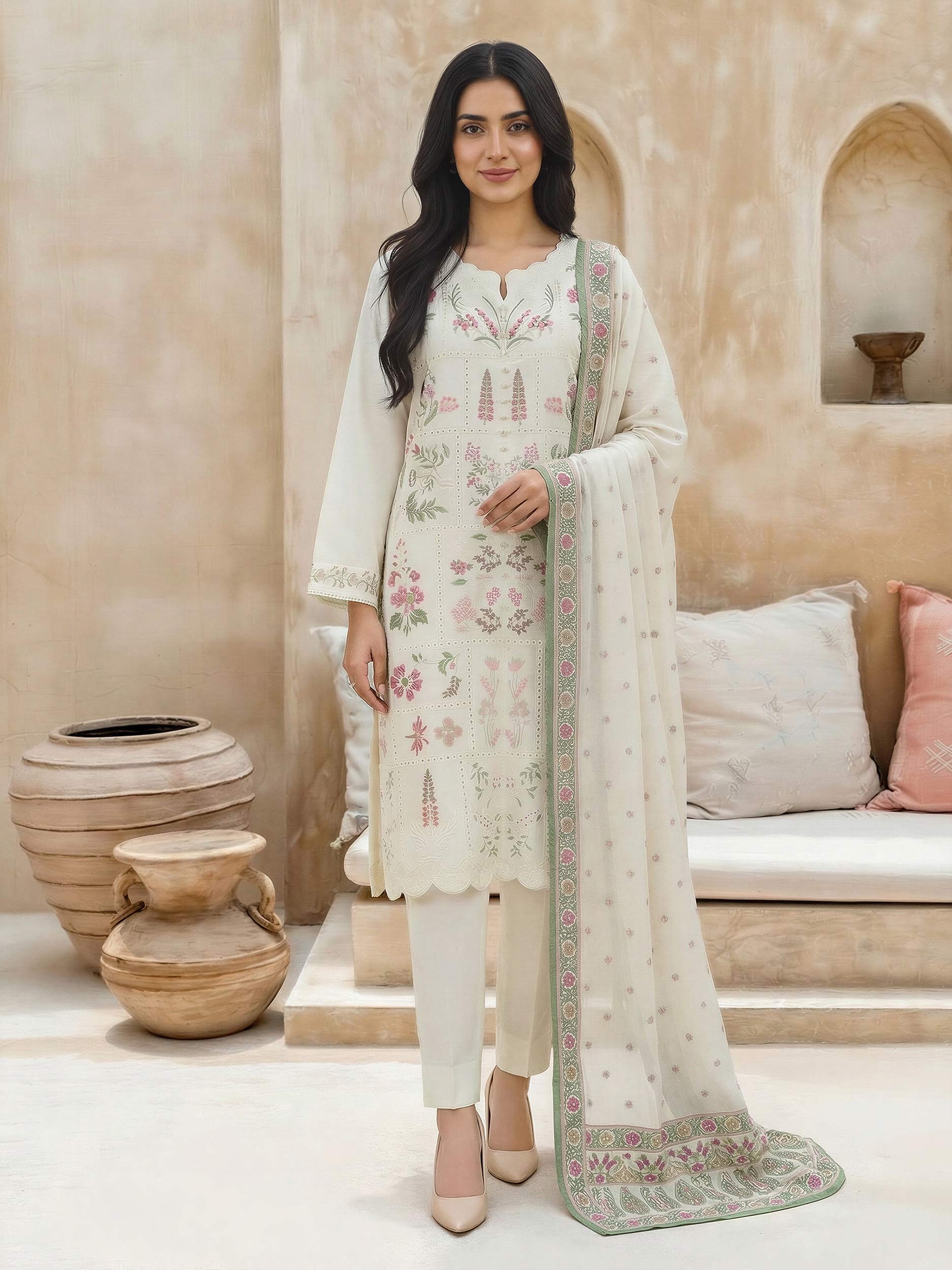 3 Piece Cambric Suit-Embroidered (Unstitched) - Image 2