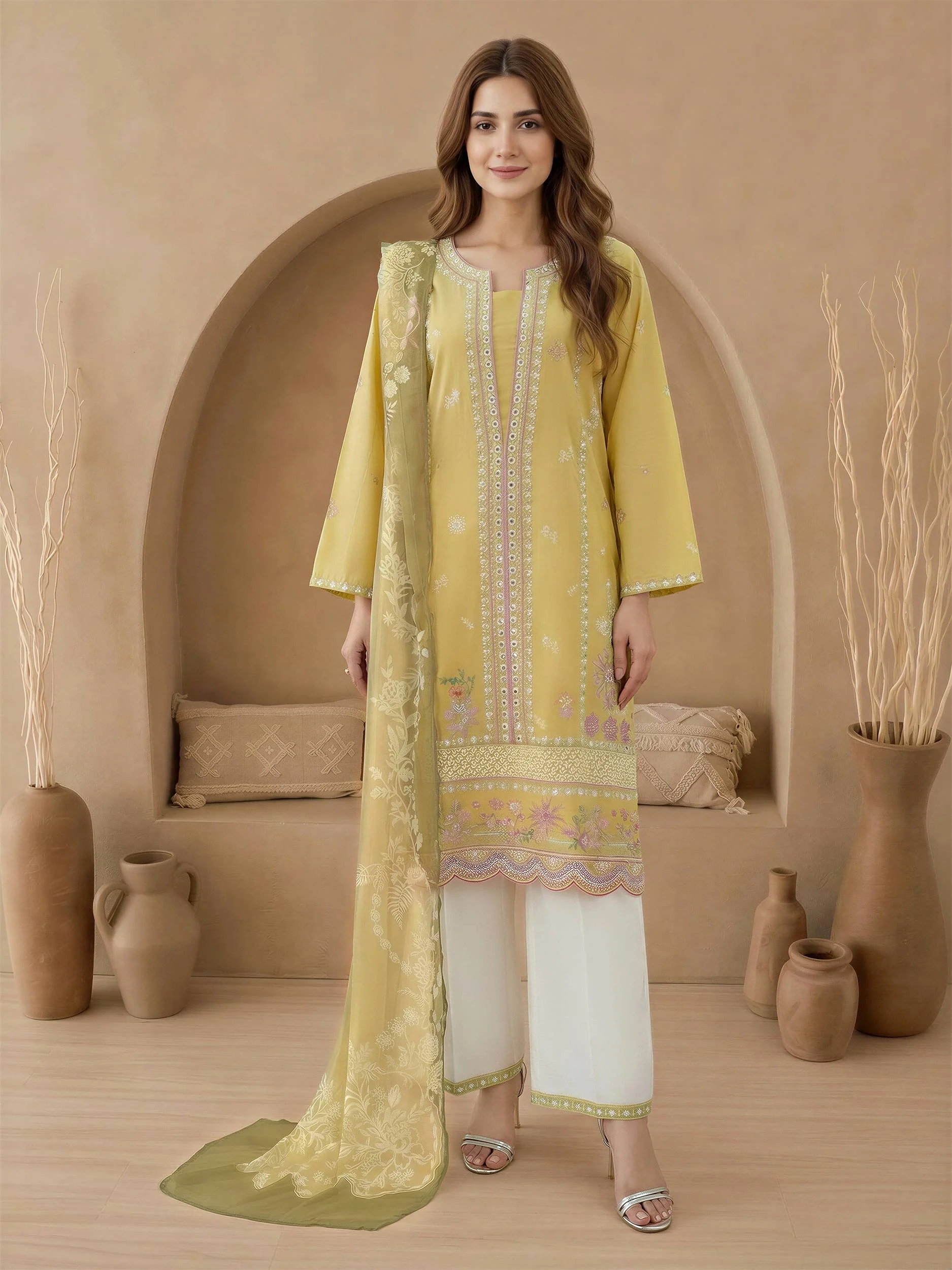 3 Piece Cambric Suit-Embroidered (Unstitched) - Image 2