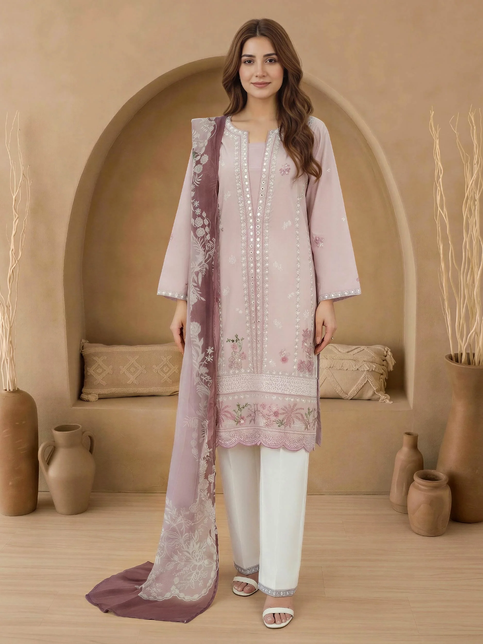 3 Piece Cambric Suit-Embroidered (Unstitched) - Image 2