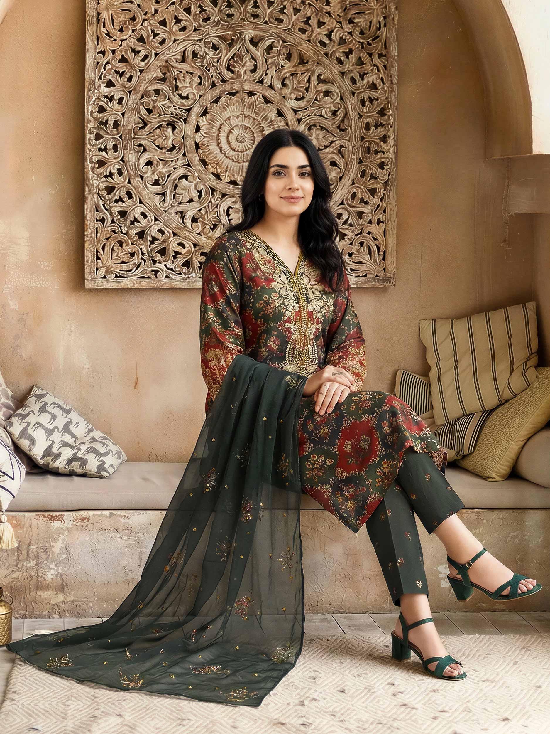 3 Piece Lawn Slub Suit- Embroidered (Unstitched) - Image 2