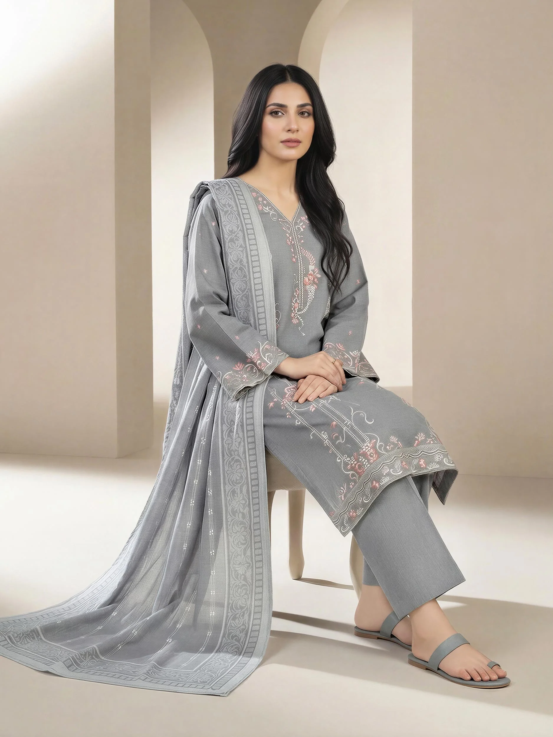 3 Piece Chambray Suit-Embroidered (Unstitched) - Image 2