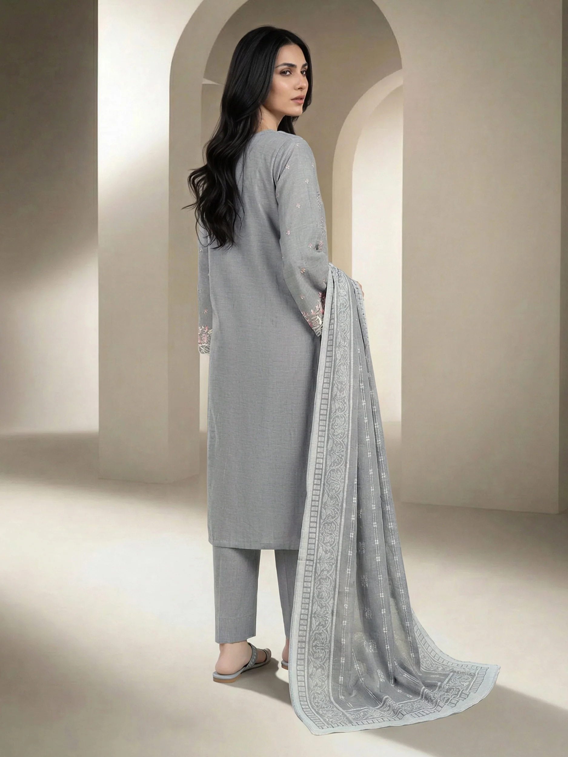 3 Piece Chambray Suit-Embroidered (Unstitched) - Image 3