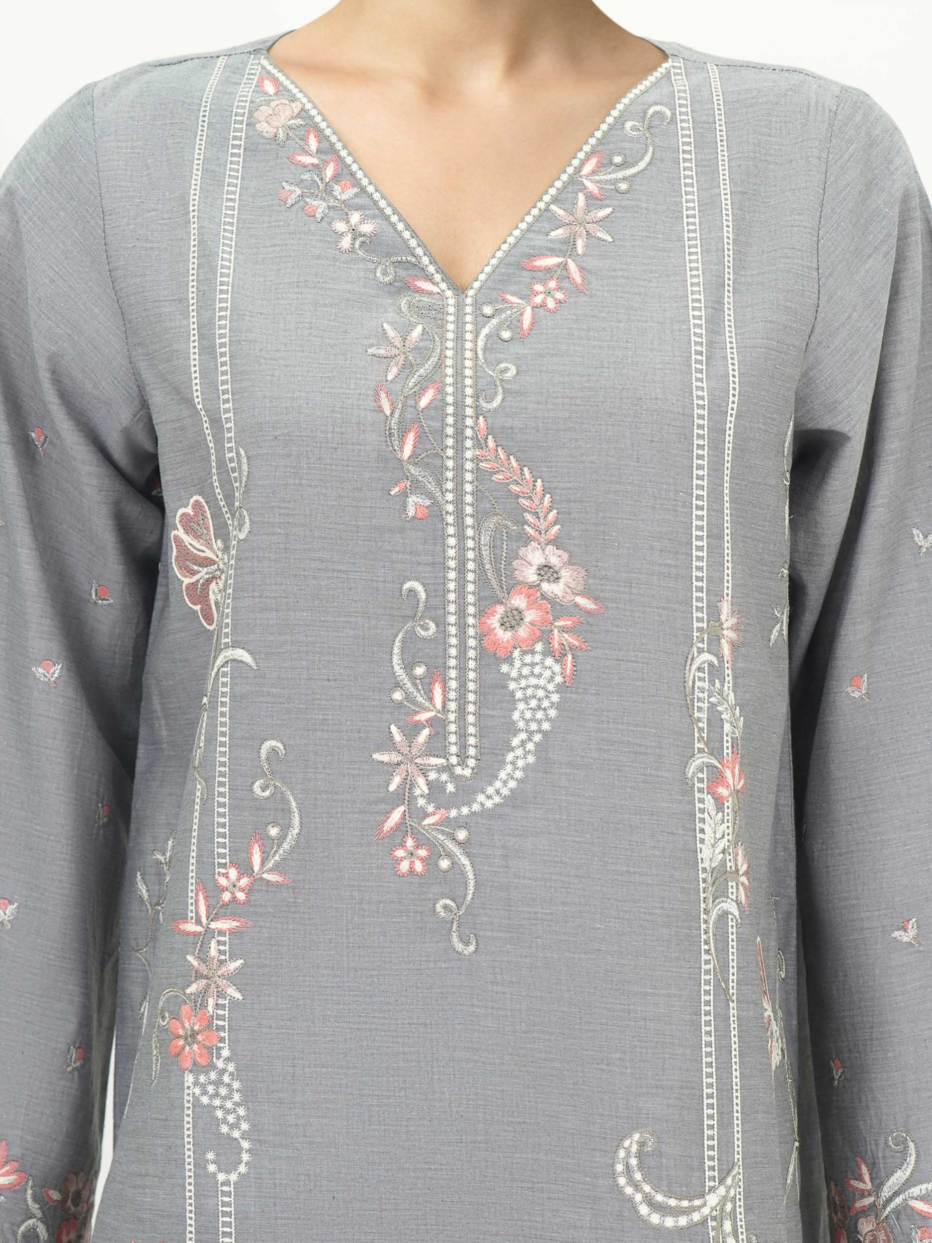 3 Piece Chambray Suit-Embroidered (Unstitched) - Image 4